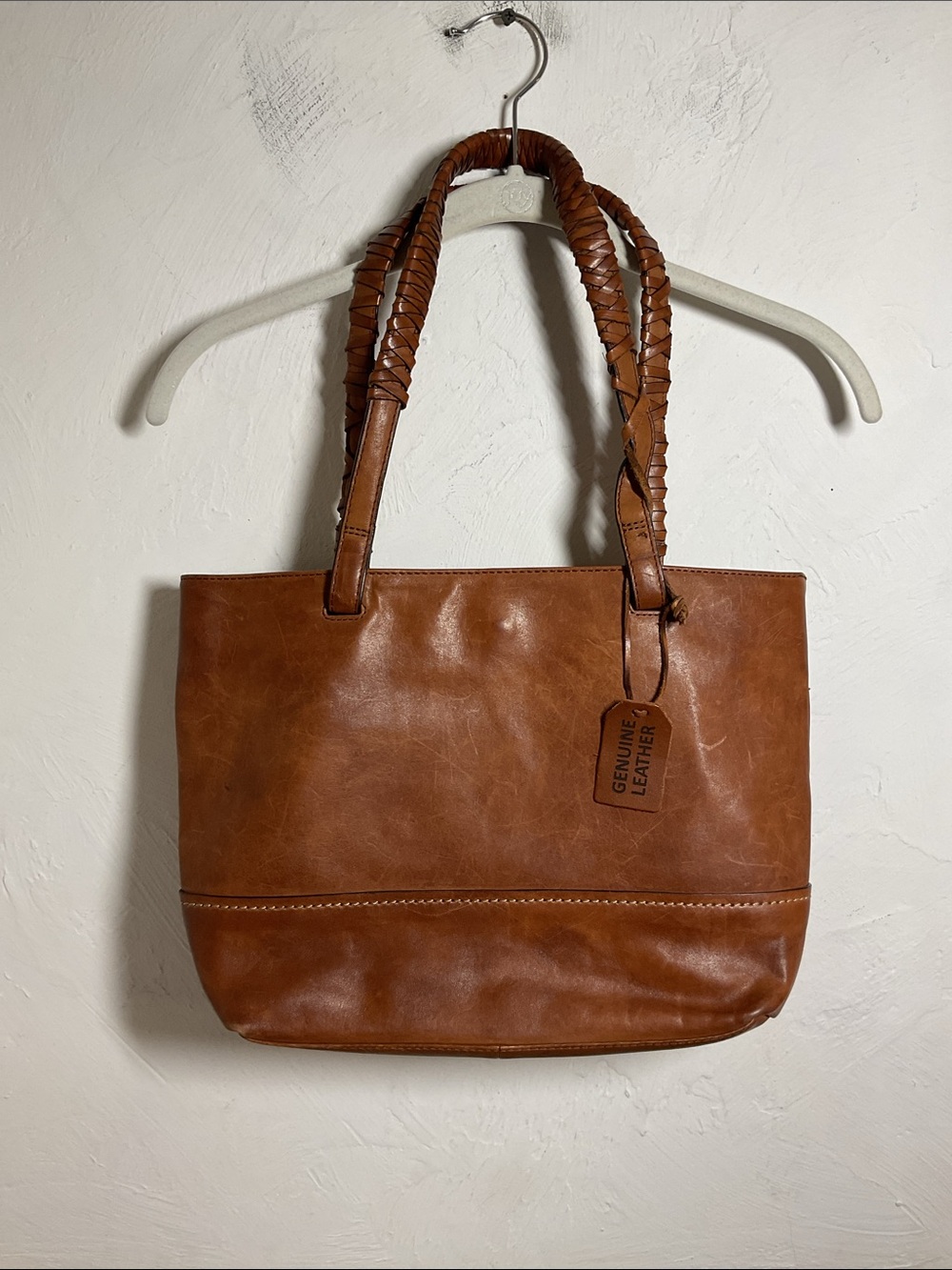 Genuine Leather Cognac Brown Tote Bag Braided Straps Pocket